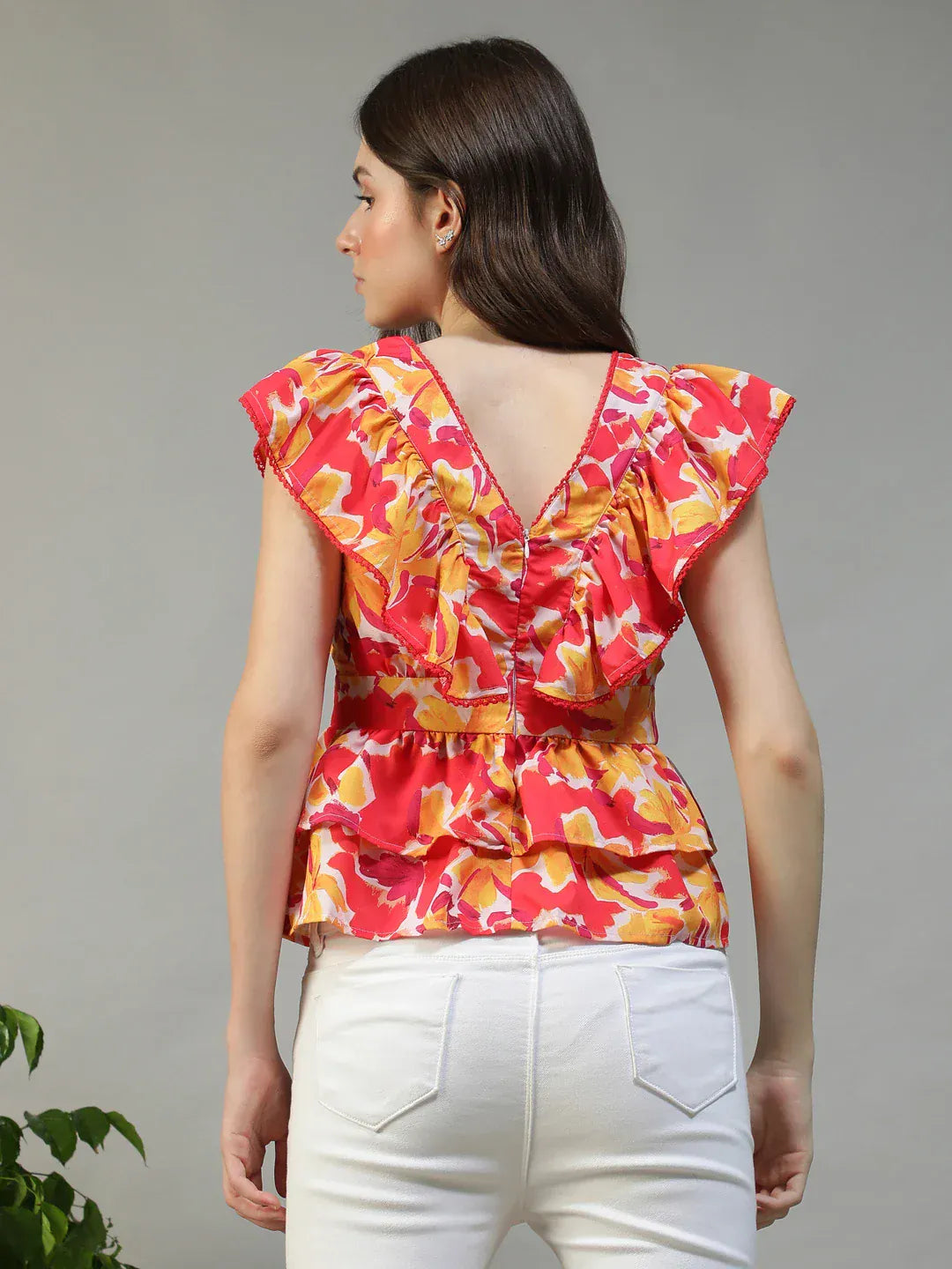 Women Floral Print V-Neck Short Sleeve Peplum Top With Ruffle Detail