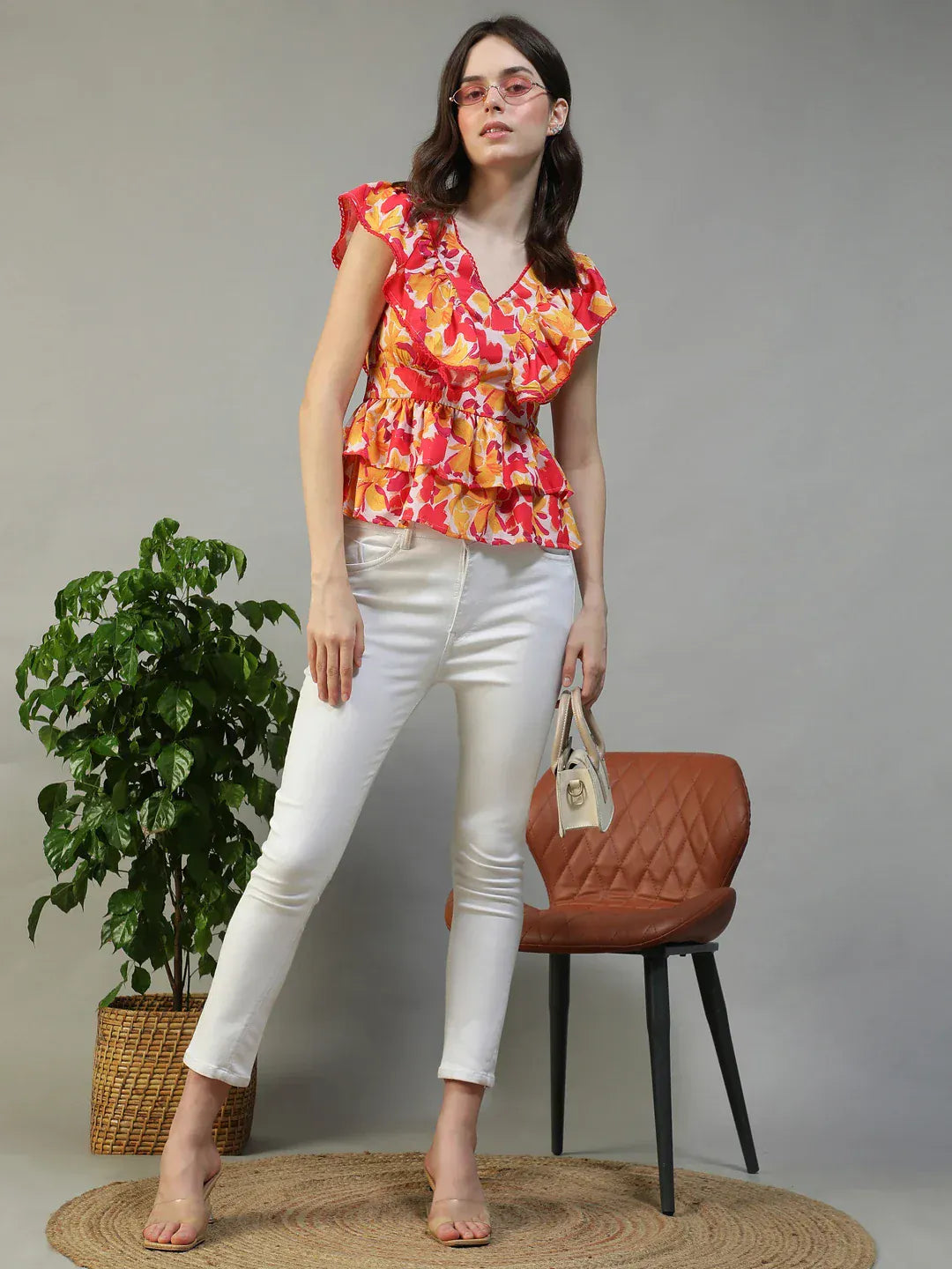 Women Floral Print V-Neck Short Sleeve Peplum Top With Ruffle Detail
