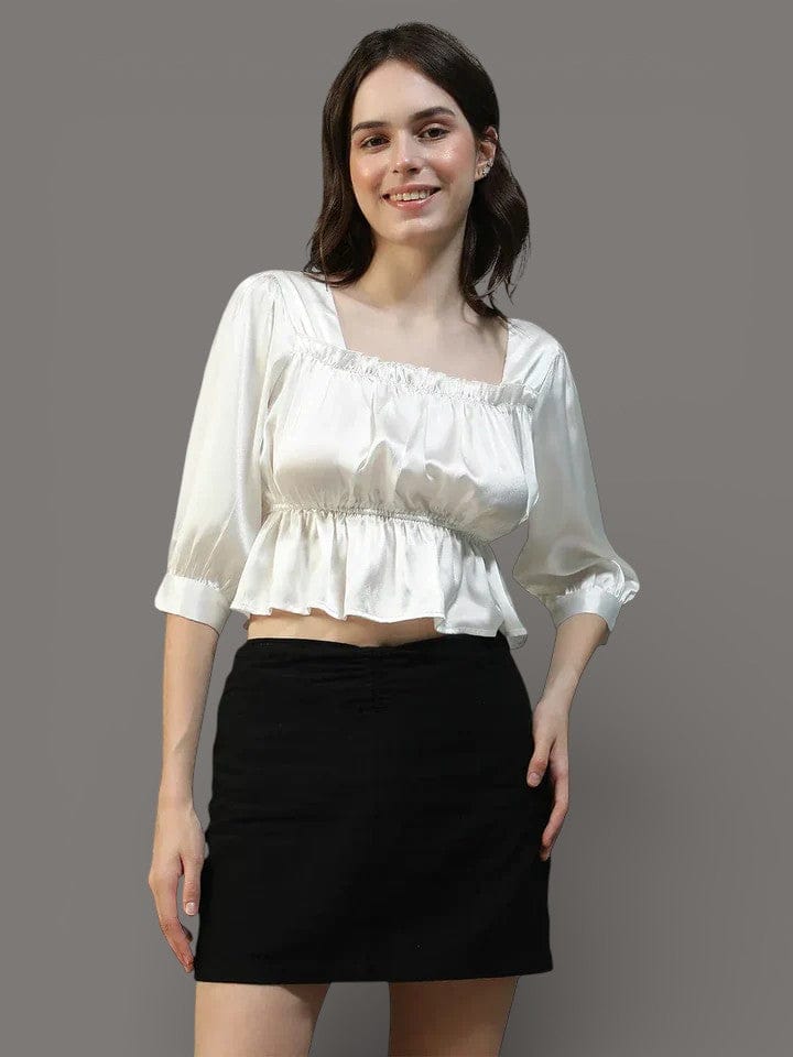 Moonstone White Square Neck 3/4 Sleeve Satin Women Top