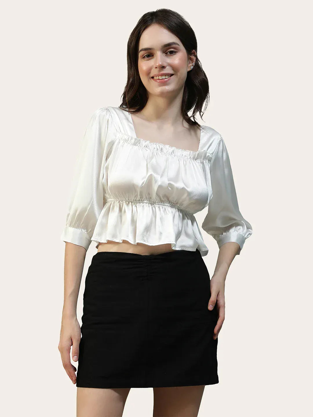 Moonstone White Square Neck 3/4 Sleeve Satin Women Top