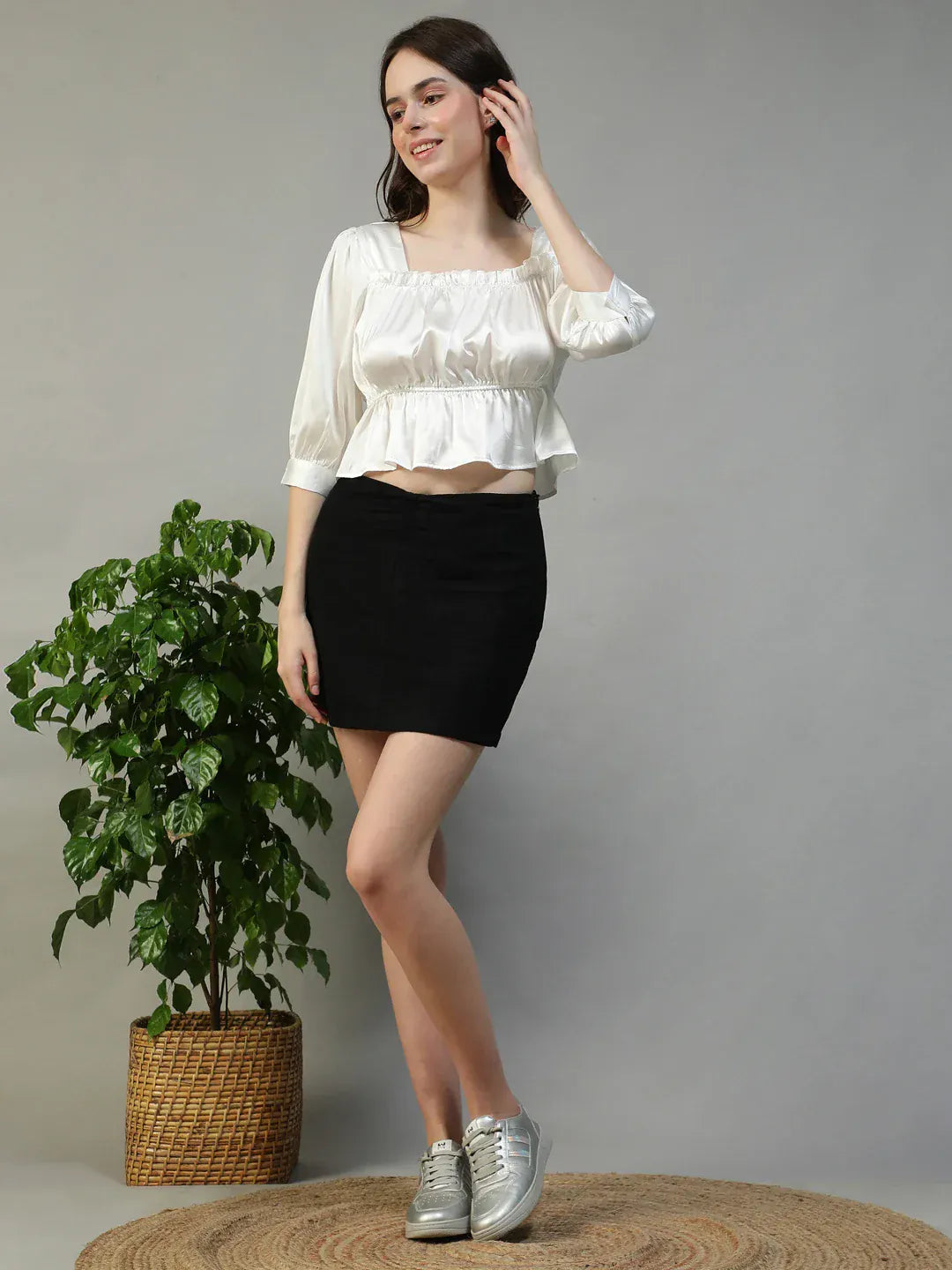 Moonstone White Square Neck 3/4 Sleeve Satin Women Top