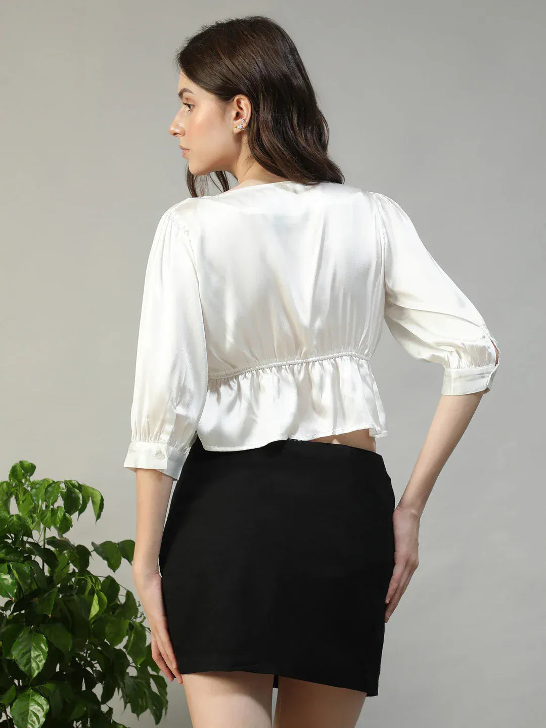 Moonstone White Square Neck 3/4 Sleeve Satin Women Top