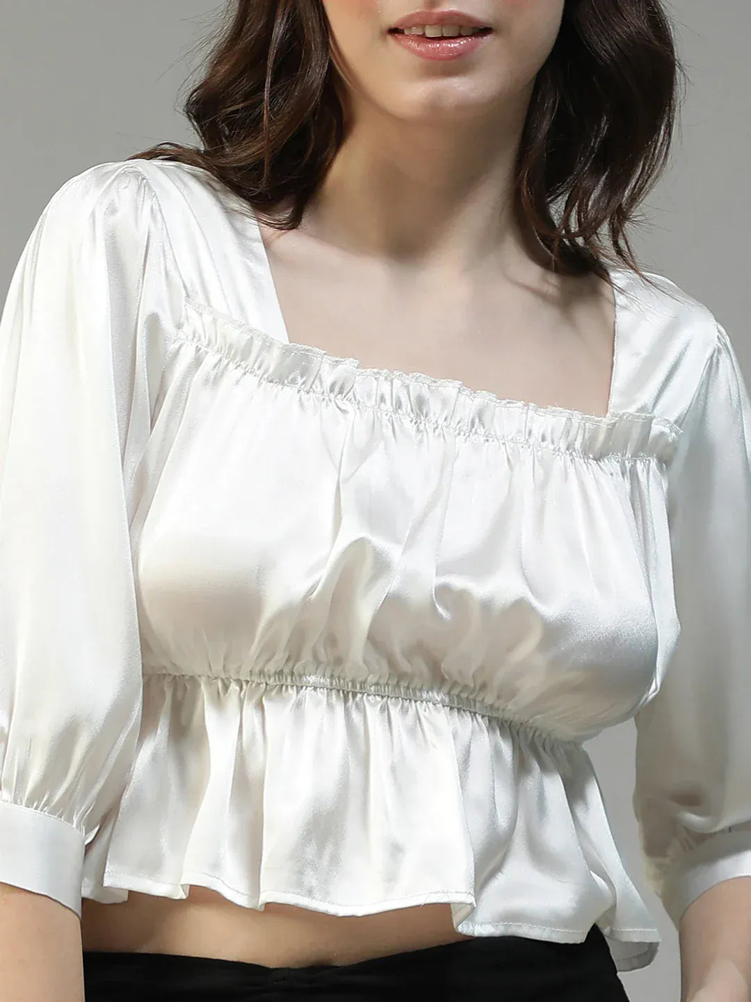 Moonstone White Square Neck 3/4 Sleeve Satin Women Top