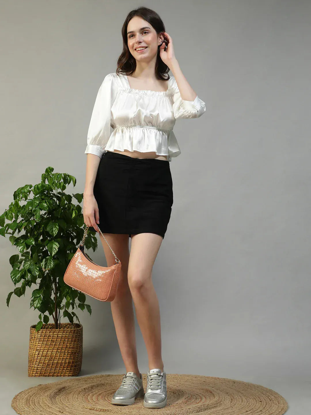 Moonstone White Square Neck 3/4 Sleeve Satin Women Top