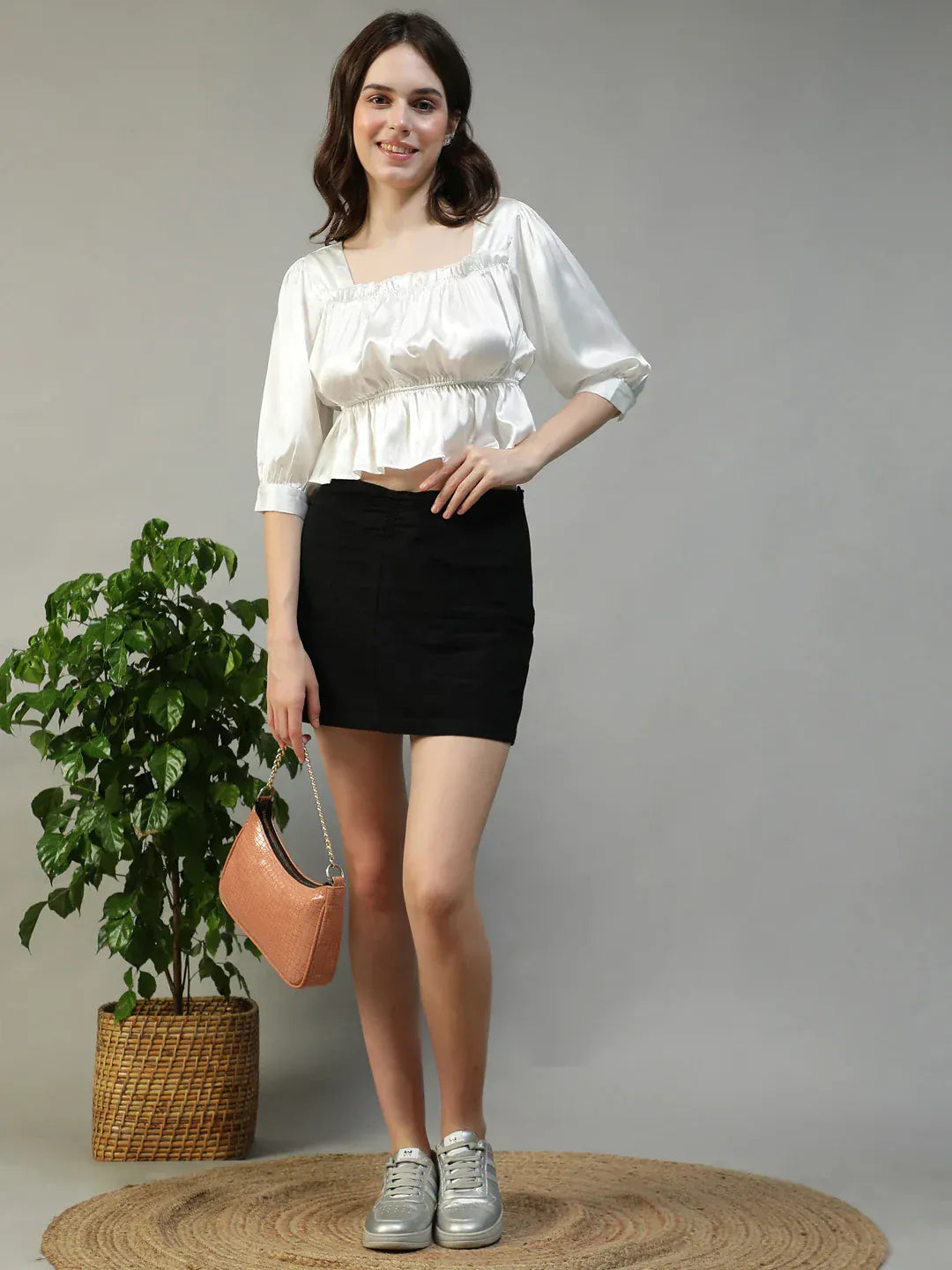 Moonstone White Square Neck 3/4 Sleeve Satin Women Top