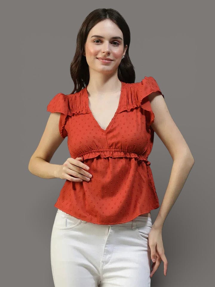 Women Brown V-Neck Short Petal Sleeve Dobby Weave Top With Ruffle Detail