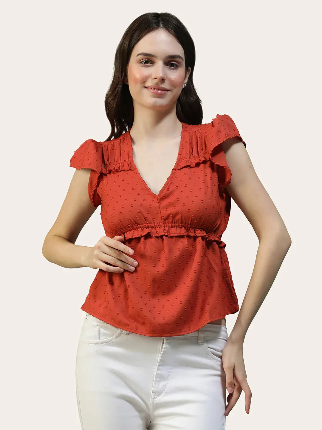 Women Red V-Neck Short Petal Sleeve Dobby Weave Top With Ruffle Detail