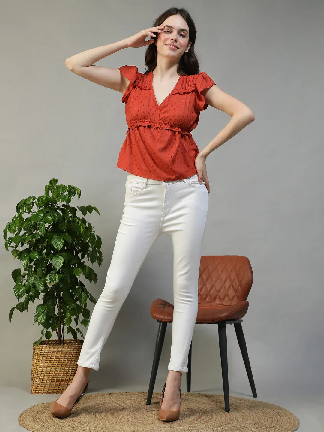 Women Red V-Neck Short Petal Sleeve Dobby Weave Top With Ruffle Detail