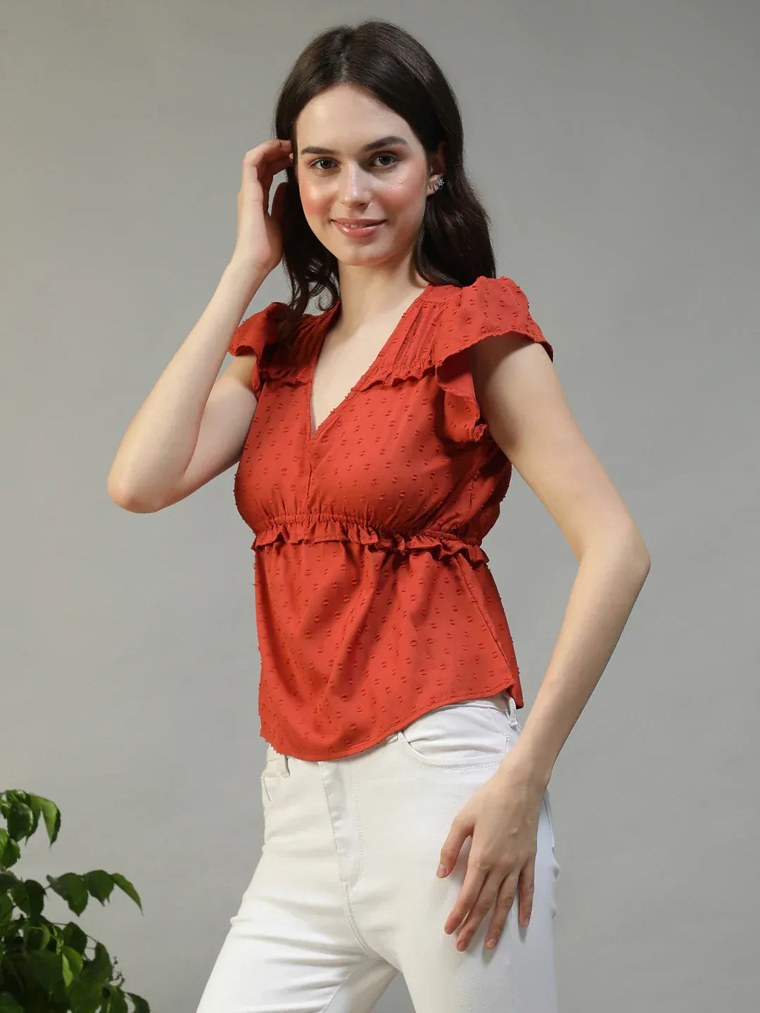 Women Red V-Neck Short Petal Sleeve Dobby Weave Top With Ruffle Detail
