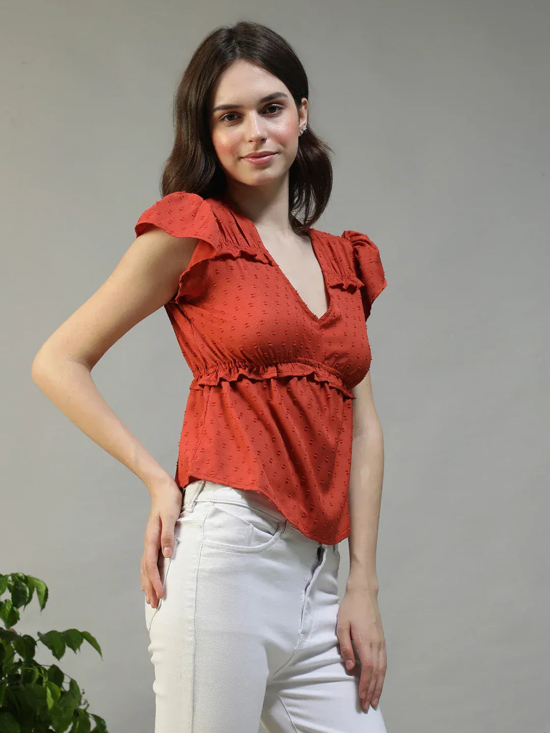 Women Red V-Neck Short Petal Sleeve Dobby Weave Top With Ruffle Detail