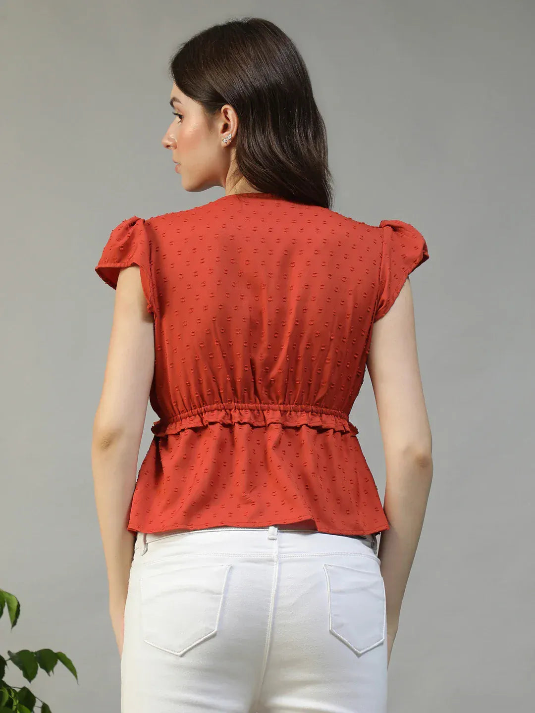 Women Red V-Neck Short Petal Sleeve Dobby Weave Top With Ruffle Detail