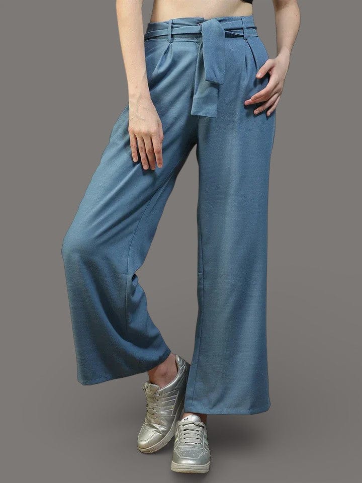Women Blue Straight Pants with Tie-Up Belt & Utility Pockets