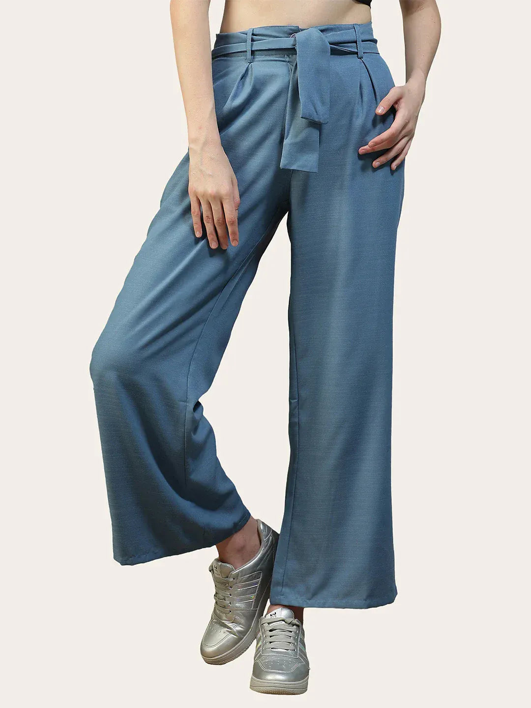 Women Blue Straight Pants with Tie-Up Belt &amp; Utility Pockets
