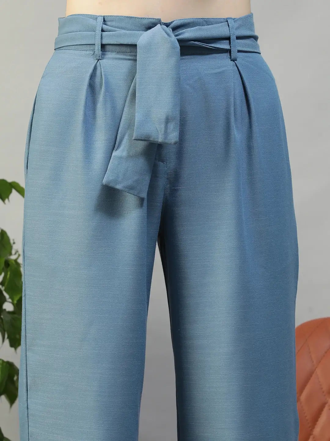 Women Blue Straight Pants with Tie-Up Belt &amp; Utility Pockets
