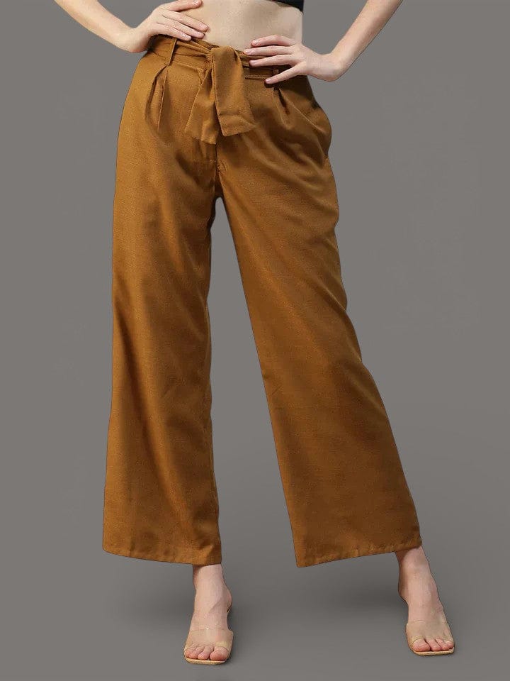 Women Mustard Straight Pants with Tie-Up Belt & Utility Pockets