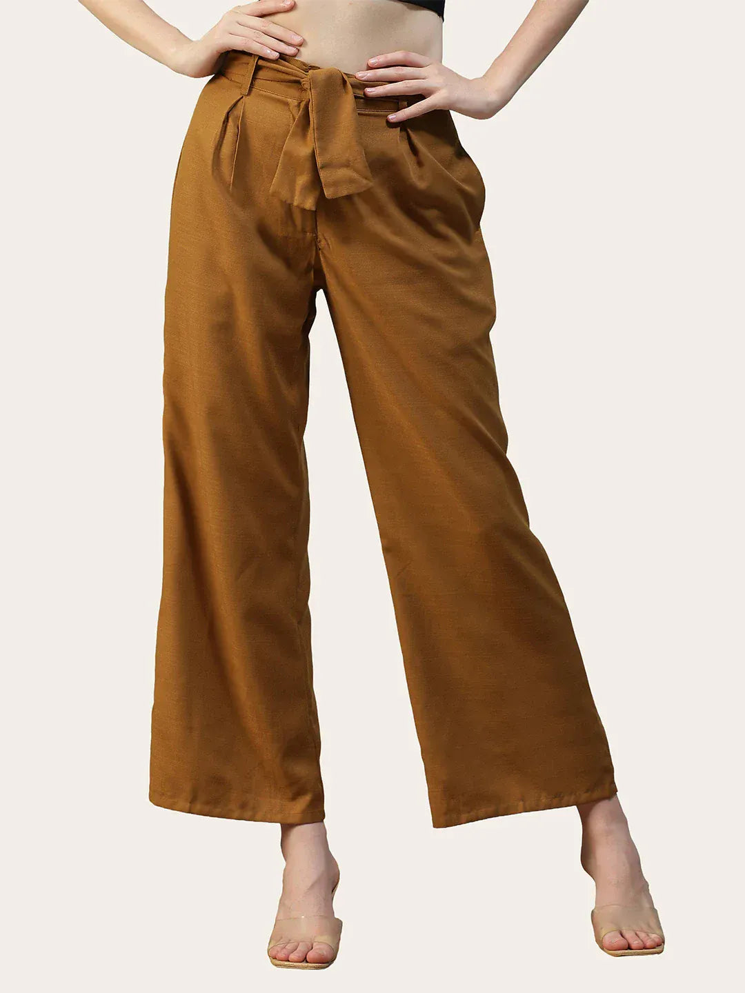 Women Mustard Straight Pants with Tie-Up Belt &amp; Utility Pockets