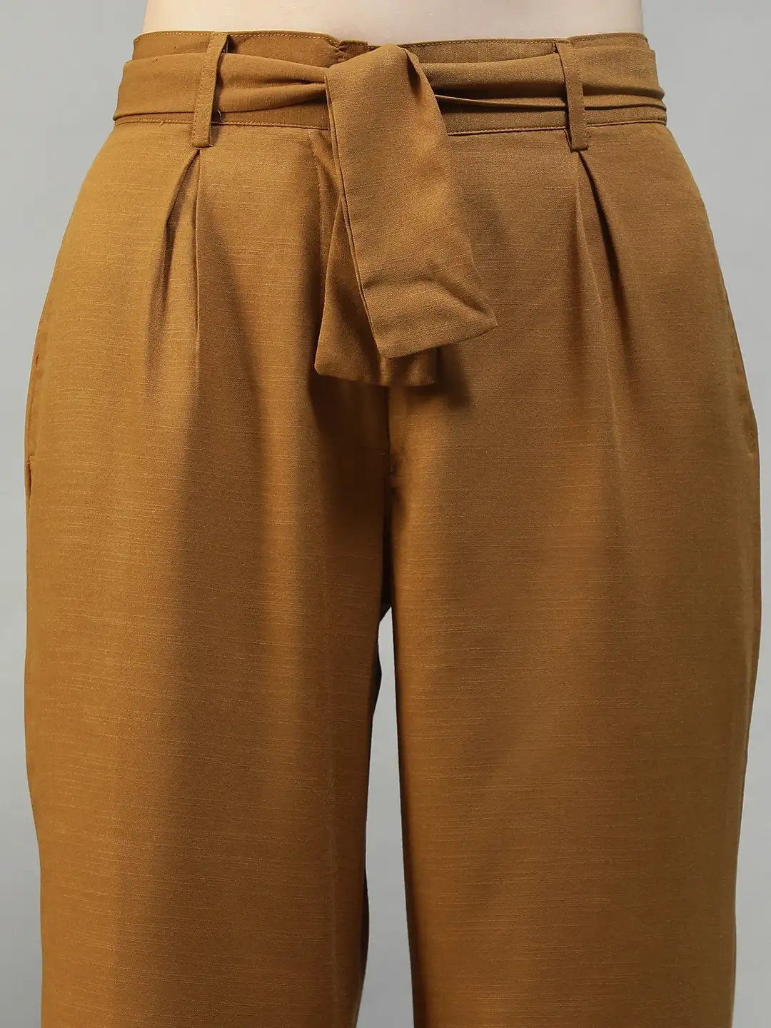 Women Mustard Straight Pants with Tie-Up Belt &amp; Utility Pockets