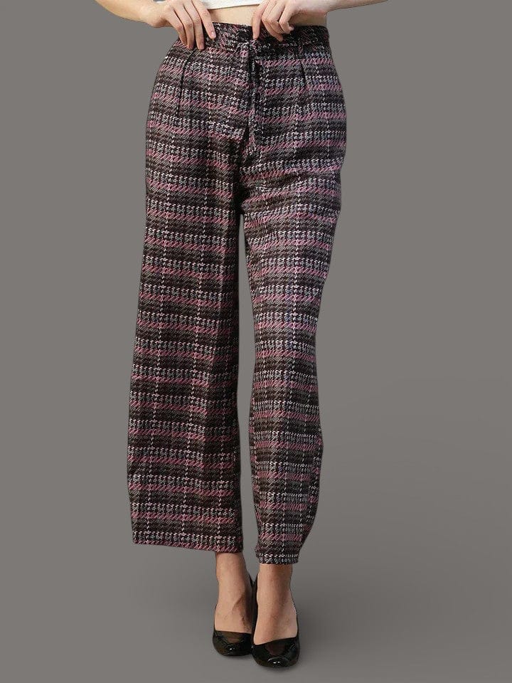 Women Purple Check Print  Pants Tie-Up Belt With Pockets