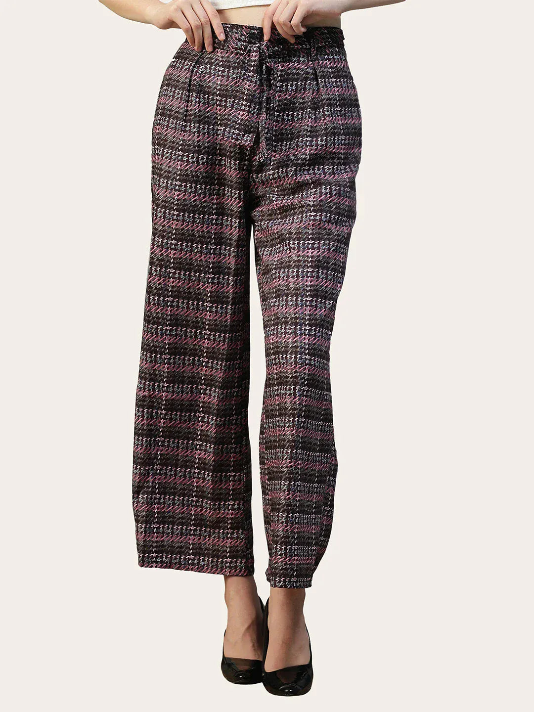 Women Purple Check Print  Pants Tie-Up Belt With Pockets