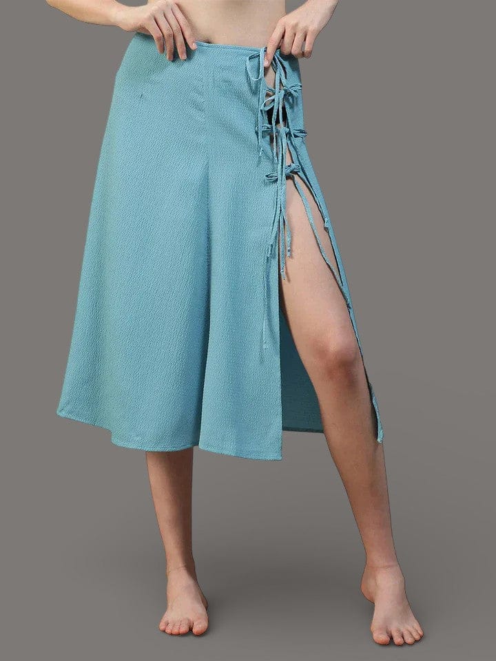 Women Sky Blue Elasticated Beachwear Skirt With Tie Up