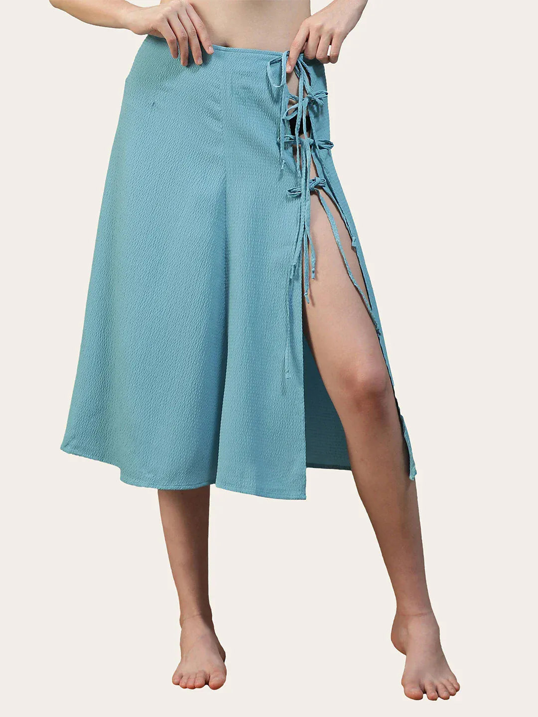 Women Sky Blue Elasticated Beachwear Skirt With Tie Up