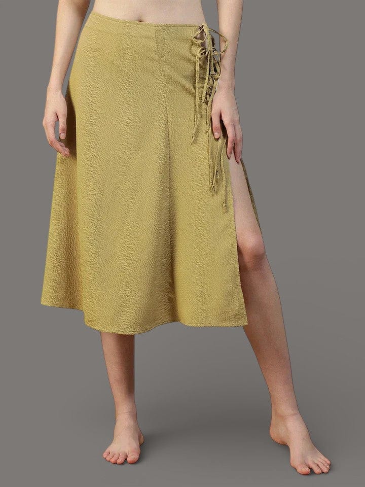 Women Khaki Below-Knee Elastic Waist with Side Tie-up Beachwear Skirt