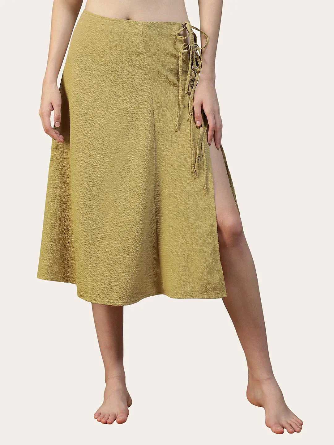 Women Khaki Below-Knee Elastic Waist with Side Tie-up Beachwear Skirt