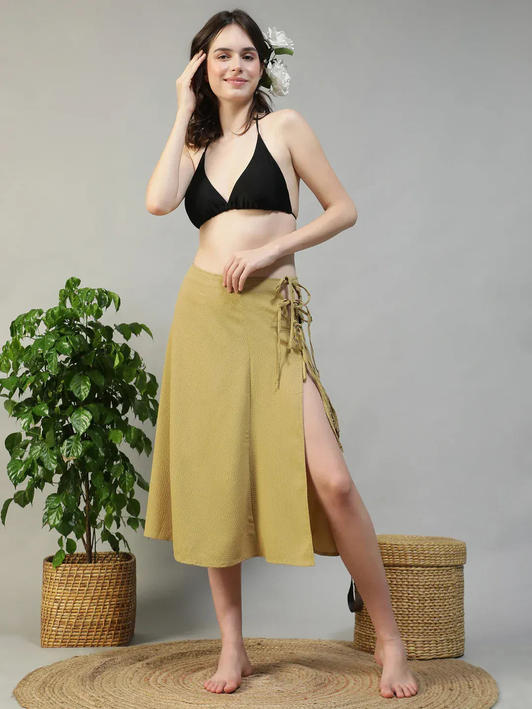 Women Khaki Below-Knee Elastic Waist with Side Tie-up Beachwear Skirt