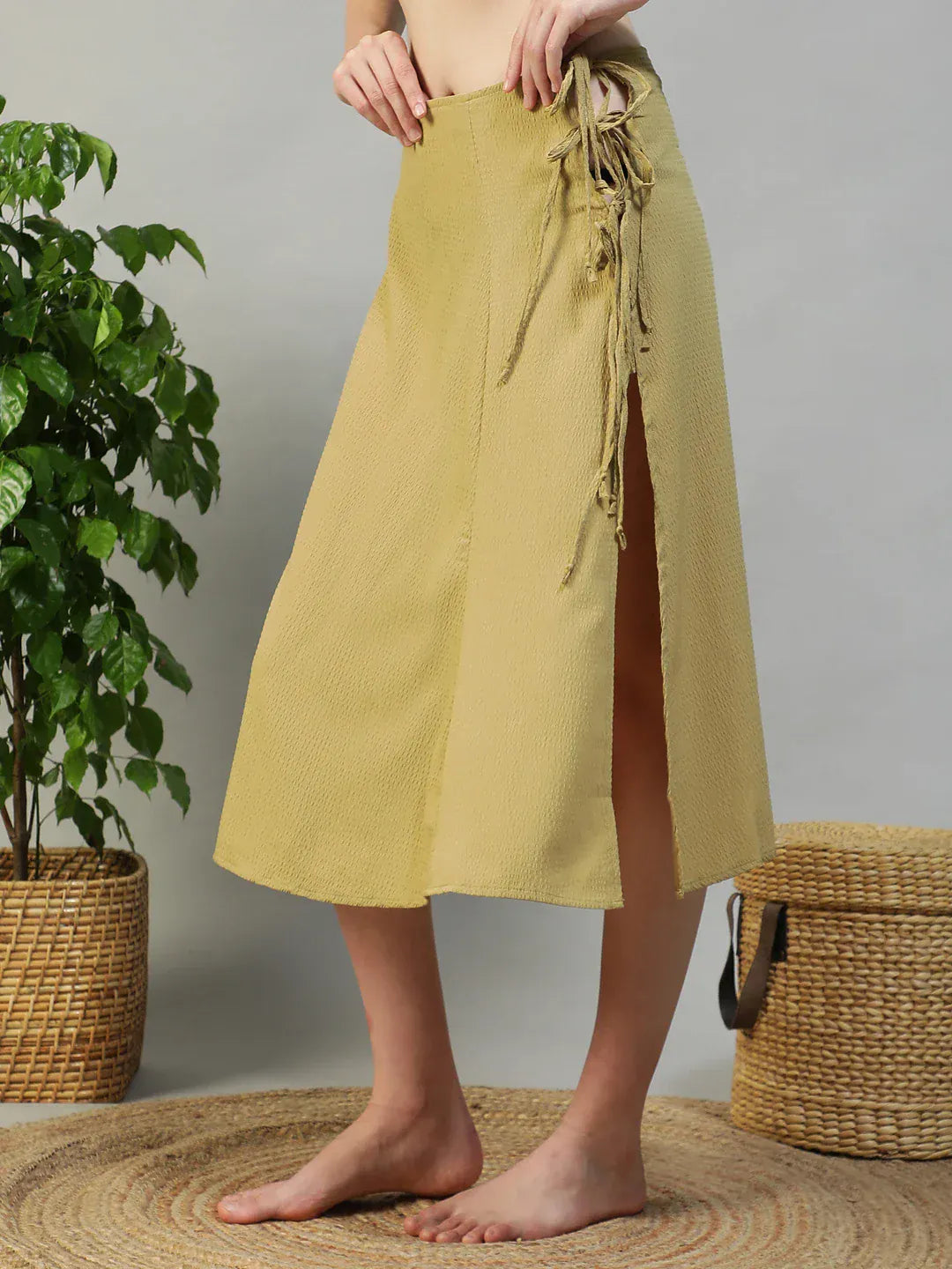 Women Khaki Below-Knee Elastic Waist with Side Tie-up Beachwear Skirt