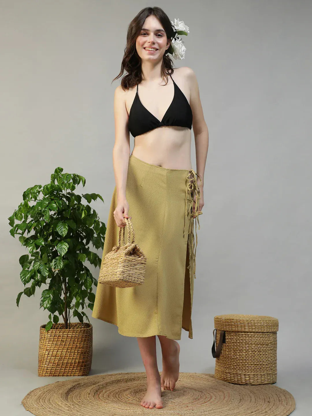 Women Khaki Below-Knee Elastic Waist with Side Tie-up Beachwear Skirt