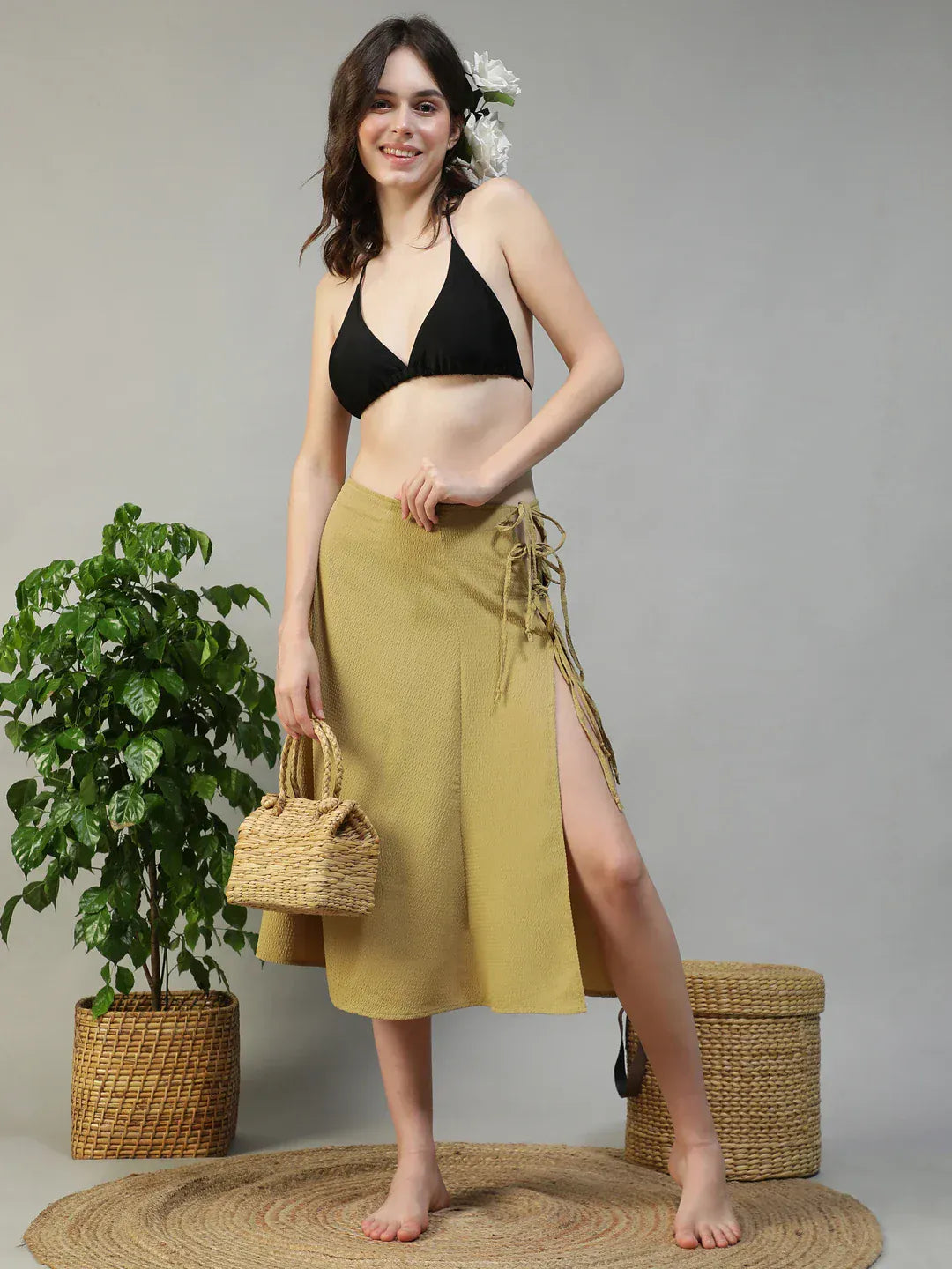 Women Khaki Below-Knee Elastic Waist with Side Tie-up Beachwear Skirt