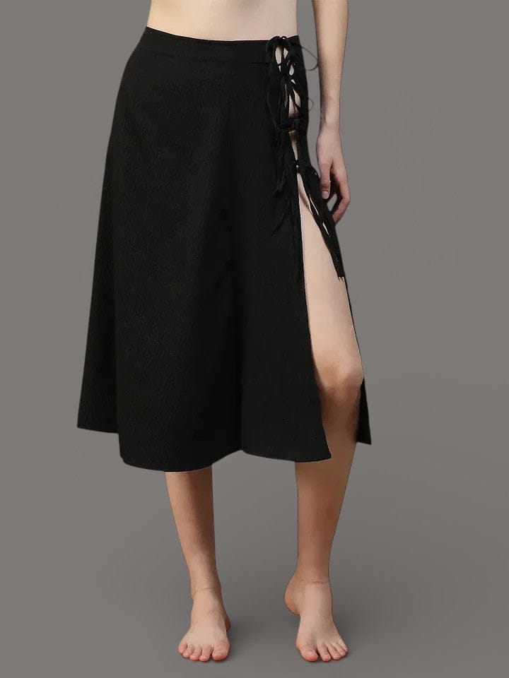 Women Black Below-Knee Elastic Waist with Side Tie-up Beachwear Skirt