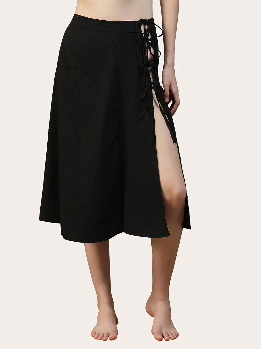 Women Black Below-Knee Elastic Waist with Side Tie-up Beachwear Skirt