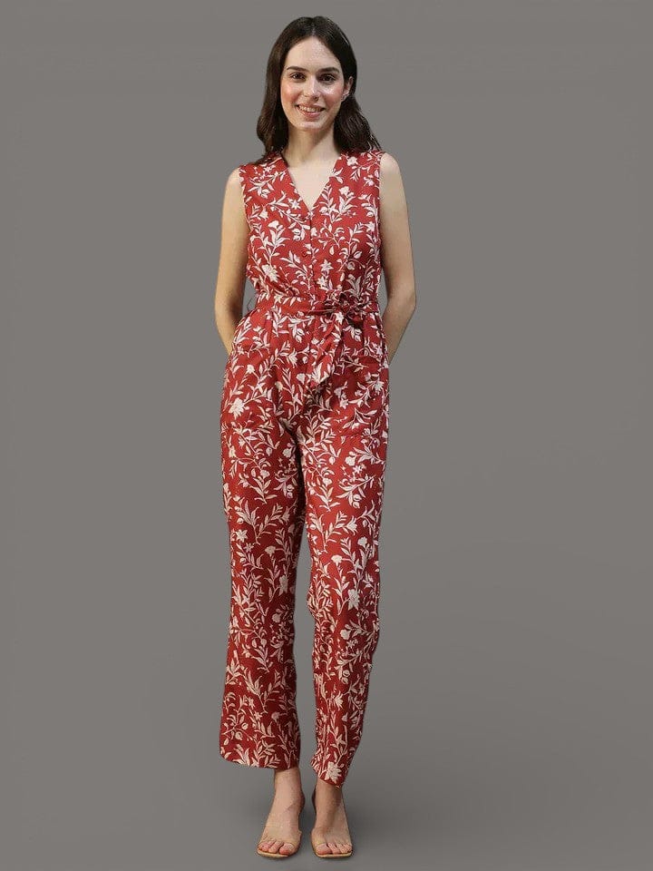 Women Floral Print Jumpsuit with Belt & Pockets