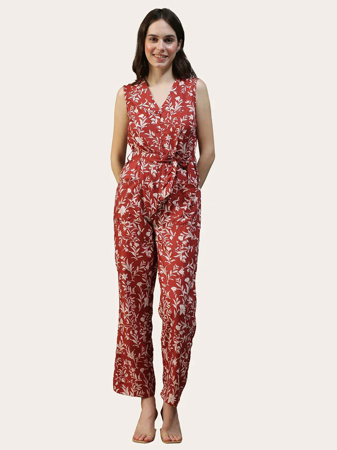Women Floral Print Jumpsuit with Belt & Pockets