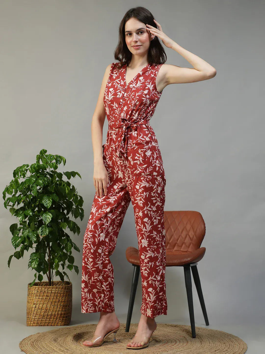 Women Floral Print Jumpsuit with Belt & Pockets