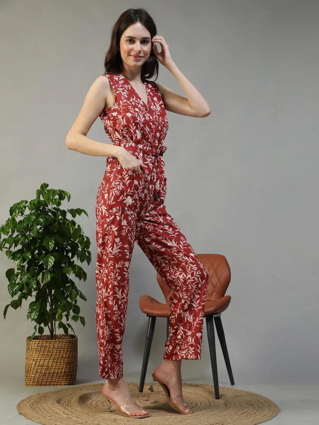 Women Floral Print Jumpsuit with Belt & Pockets