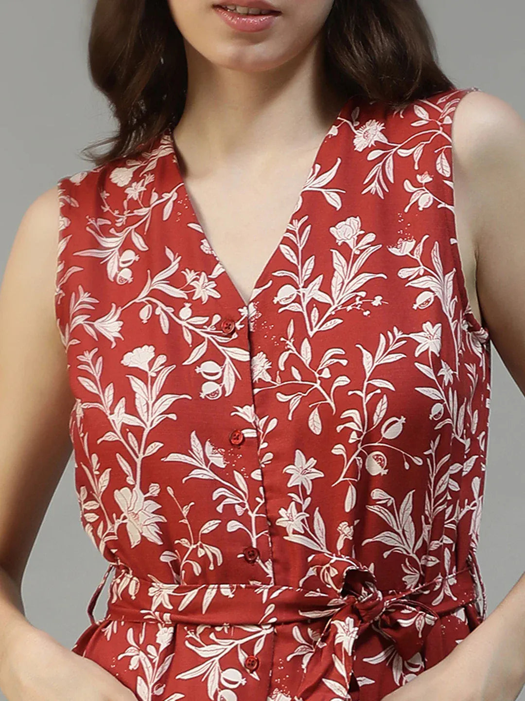 Women Floral Print Jumpsuit with Belt & Pockets