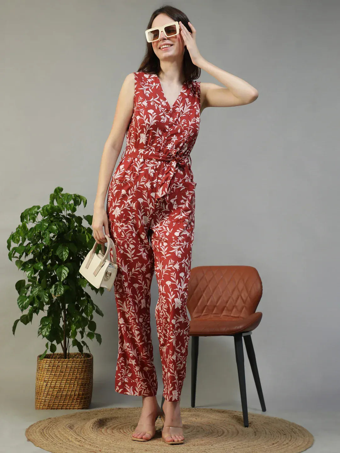 Women Floral Print Jumpsuit with Belt & Pockets