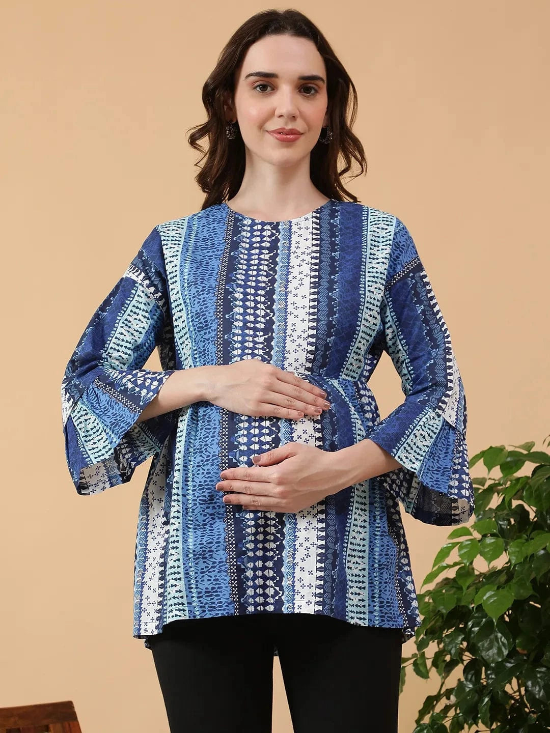 Softie  Blue Abstract Print Round Neck Long Bell Sleeve Women Maternity Cotton Top