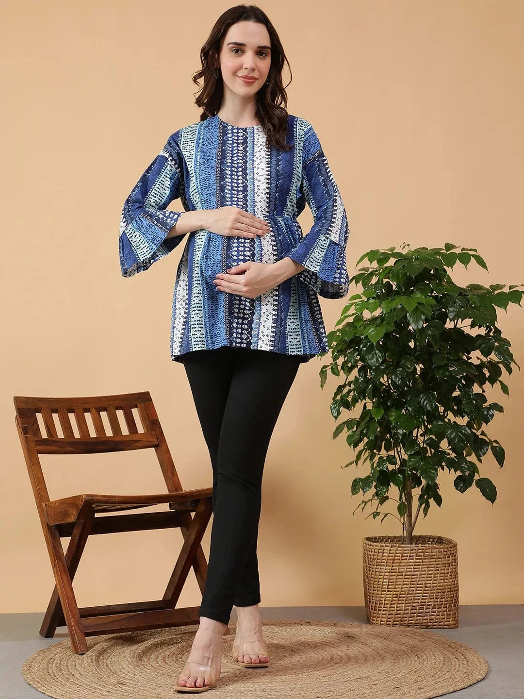 Softie  Blue Abstract Print Round Neck Long Bell Sleeve Women Maternity Cotton Top
