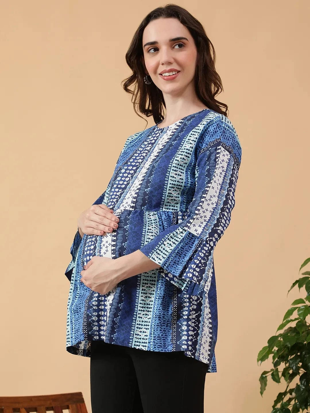 Softie  Blue Abstract Print Round Neck Long Bell Sleeve Women Maternity Cotton Top