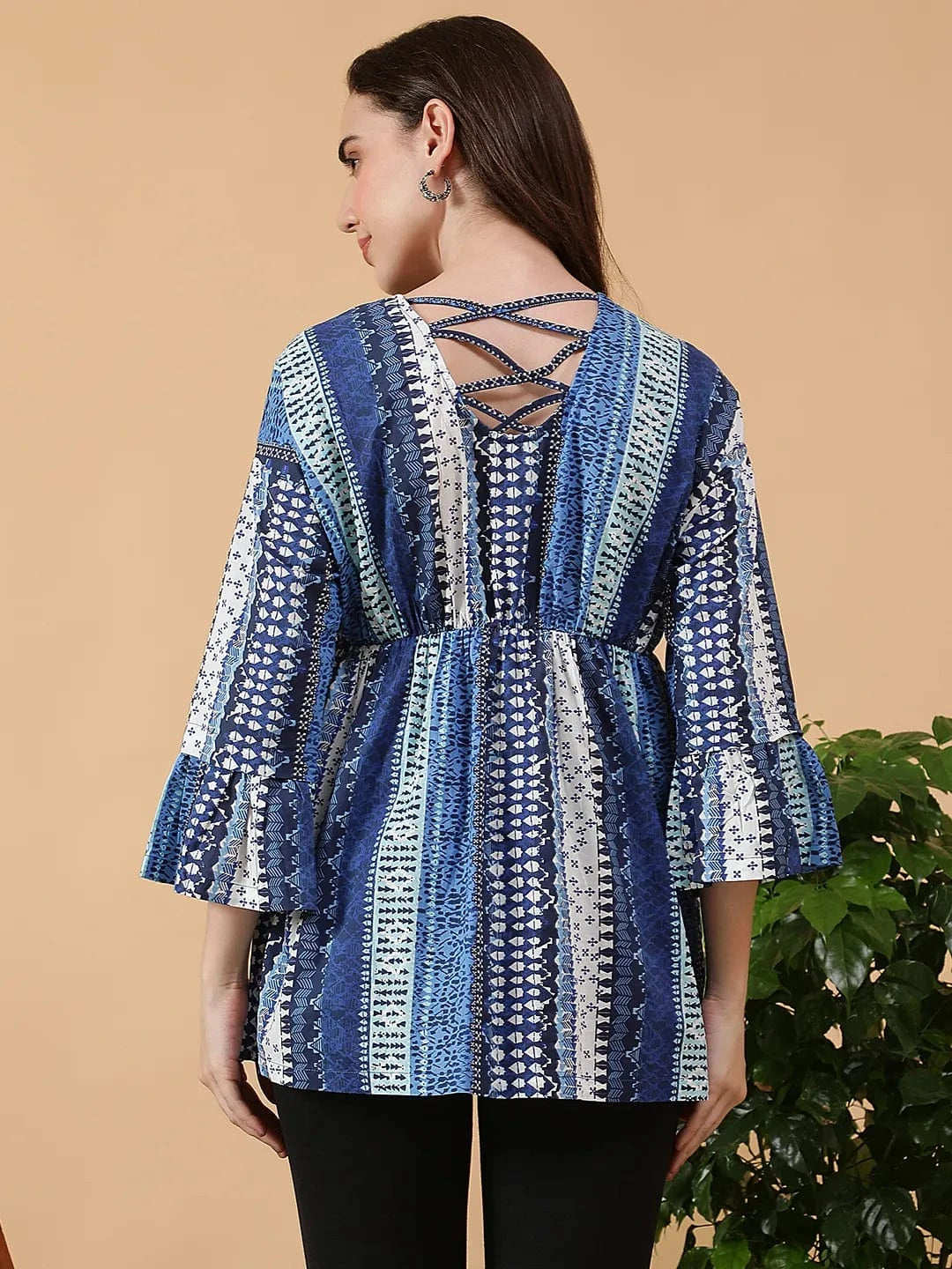 Softie  Blue Abstract Print Round Neck Long Bell Sleeve Women Maternity Cotton Top