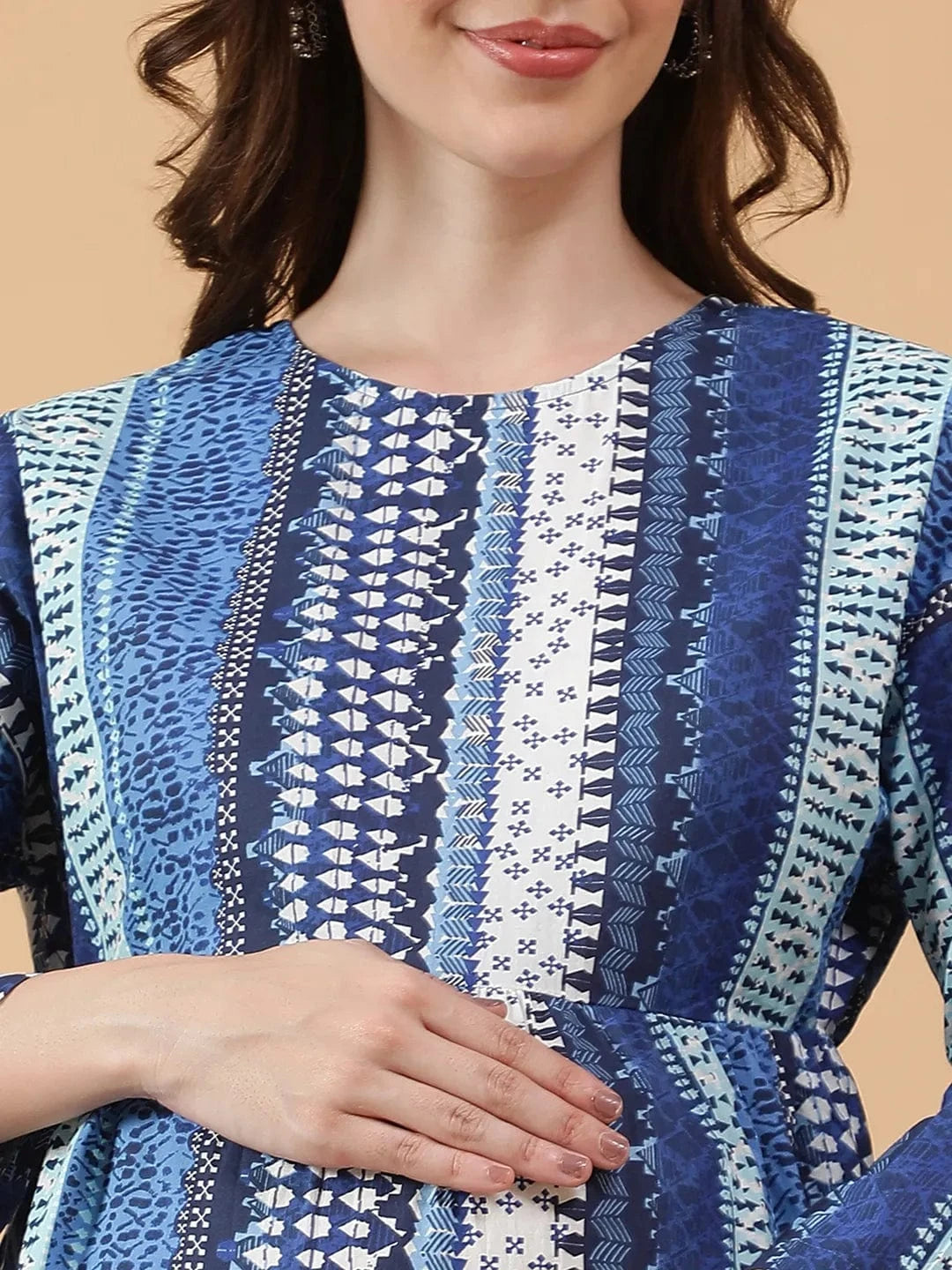 Softie  Blue Abstract Print Round Neck Long Bell Sleeve Women Maternity Cotton Top