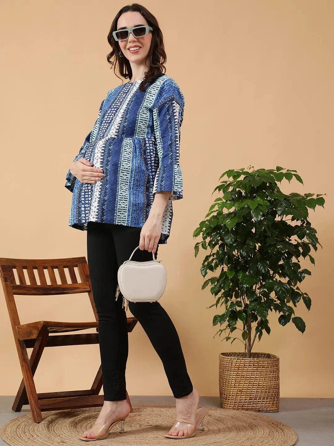 Softie  Blue Abstract Print Round Neck Long Bell Sleeve Women Maternity Cotton Top