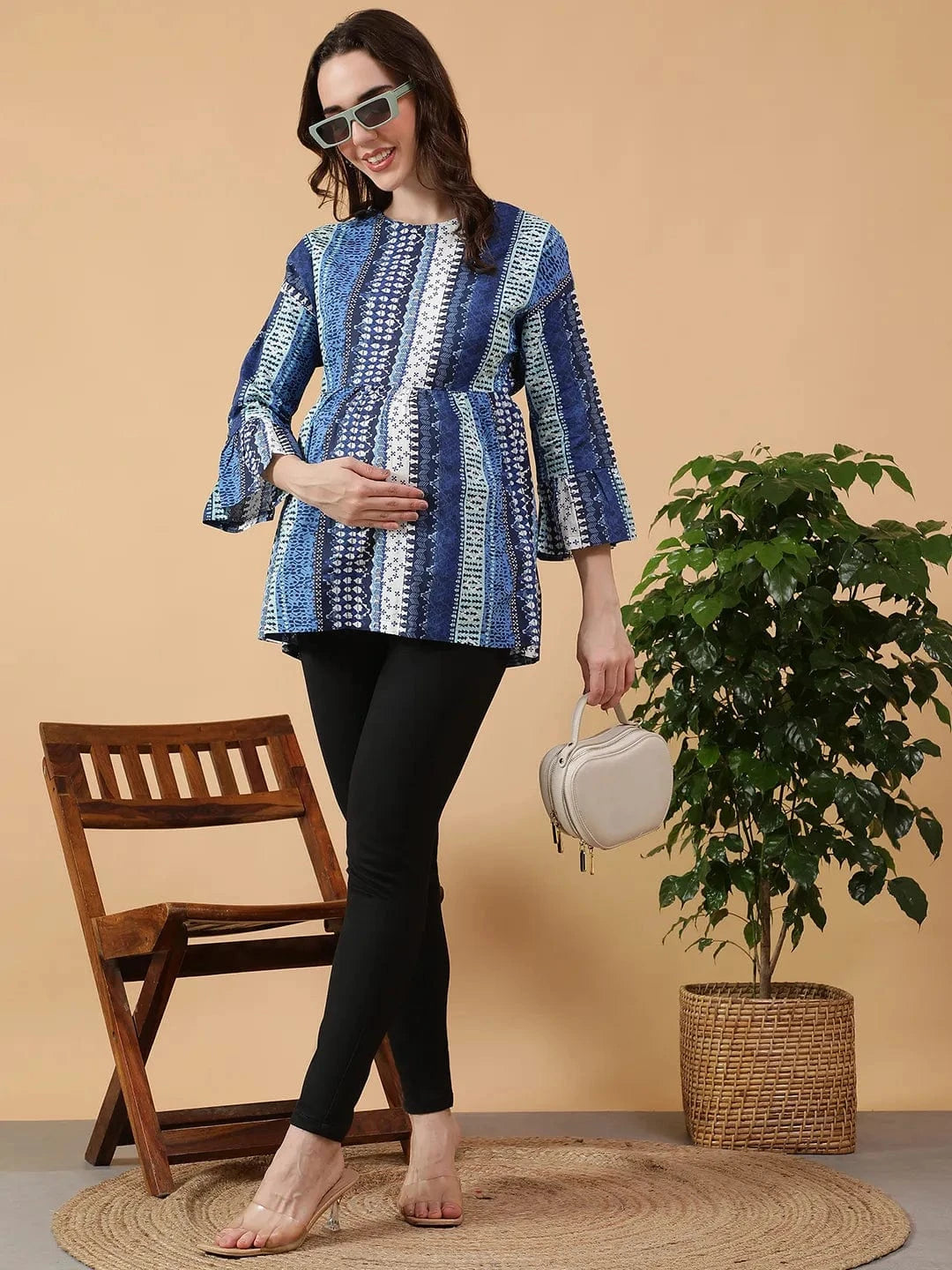 Softie  Blue Abstract Print Round Neck Long Bell Sleeve Women Maternity Cotton Top