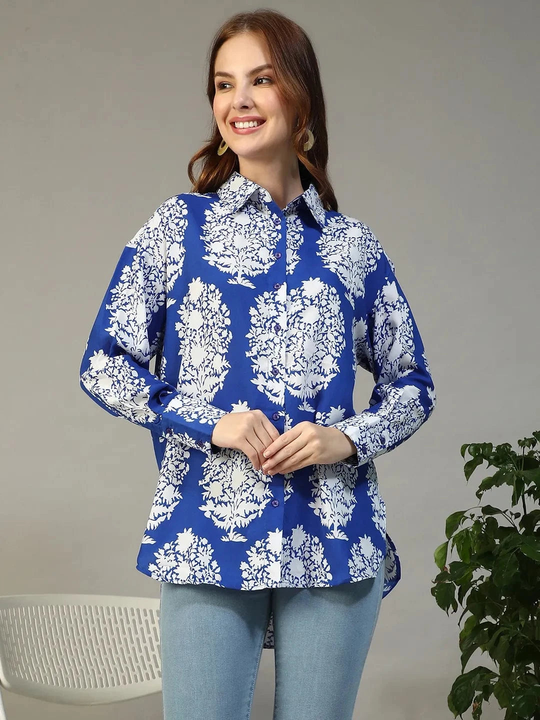 Famous Blue Tropical Print Collared Button Down Long Sleeve Womne Shirt