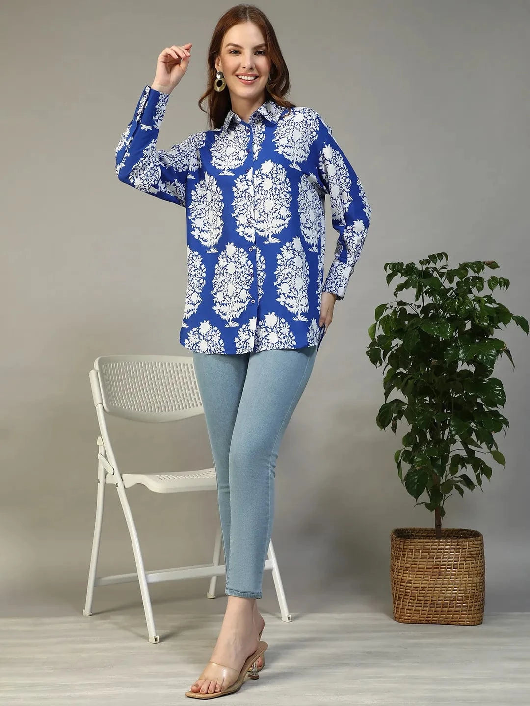 Famous Blue Tropical Print Collared Button Down Long Sleeve Womne Shirt
