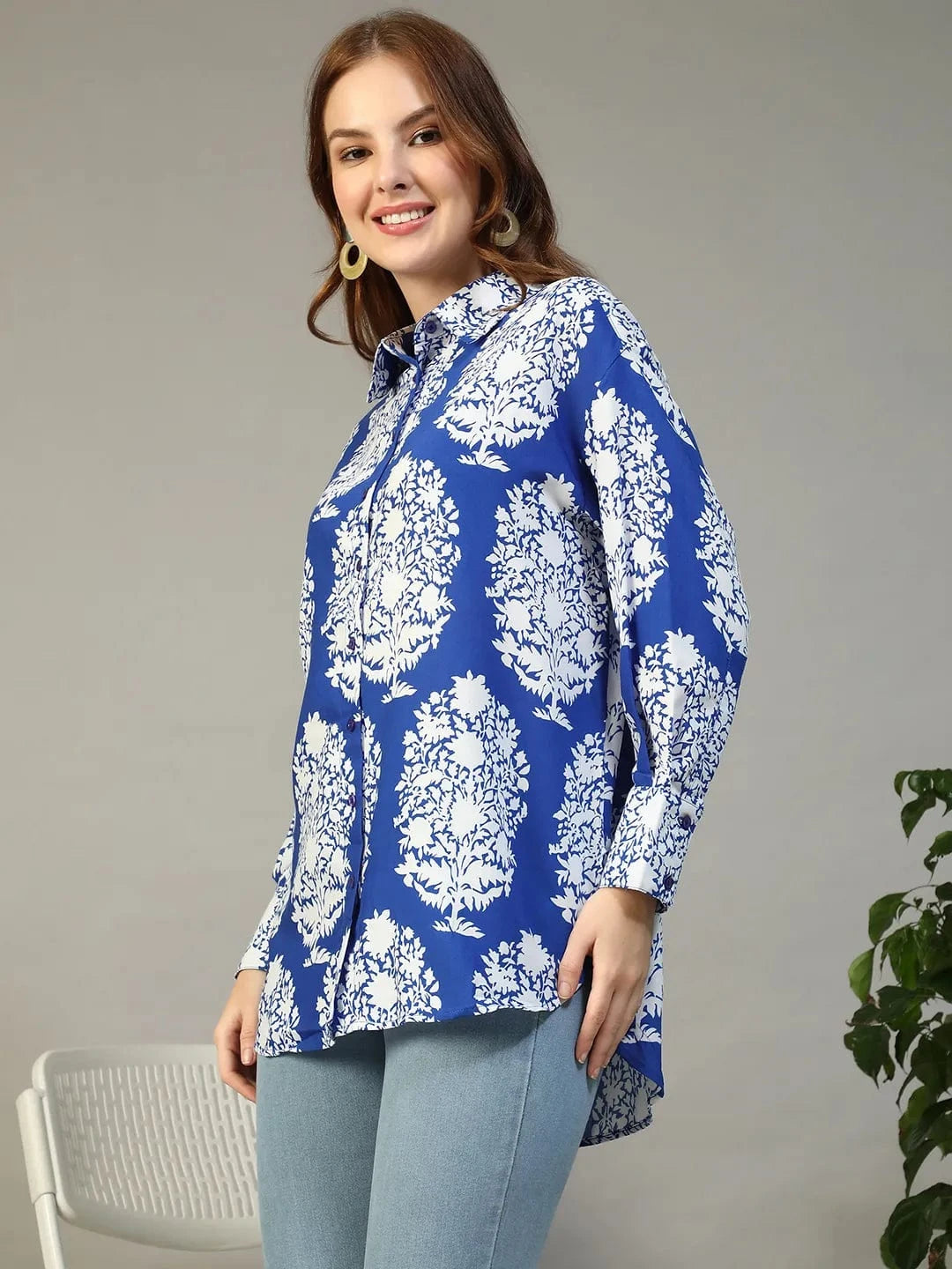 Famous Blue Tropical Print Collared Button Down Long Sleeve Womne Shirt