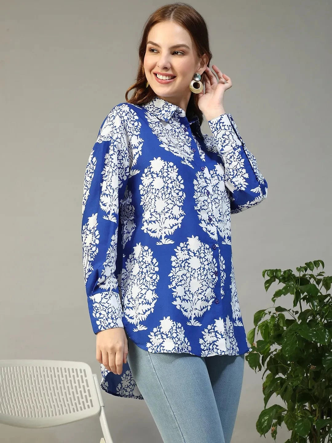 Famous Blue Tropical Print Collared Button Down Long Sleeve Womne Shirt